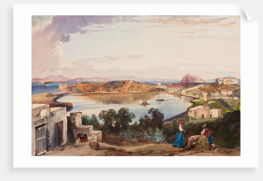 Ischia, the caldera just before the entrance to the sea was cut, Royal Palace to the right, with additions by Prince Alfonso Maria di Borbone, 1853 by Giacinto Gigante