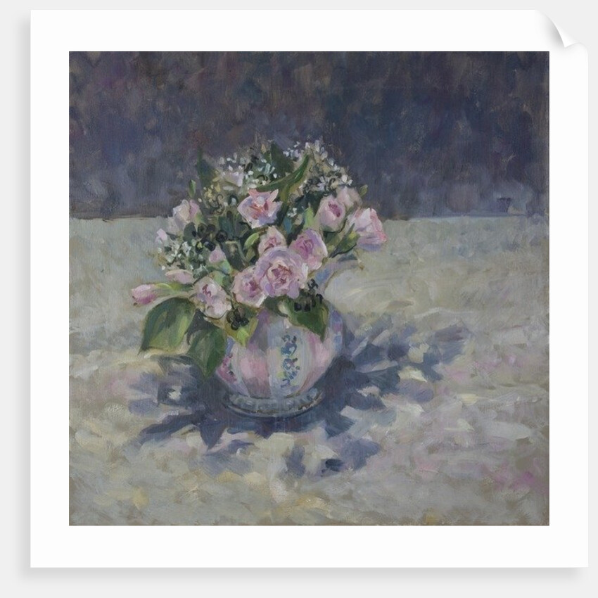 Pinks in stripey jug, 2013 by Sue Wales