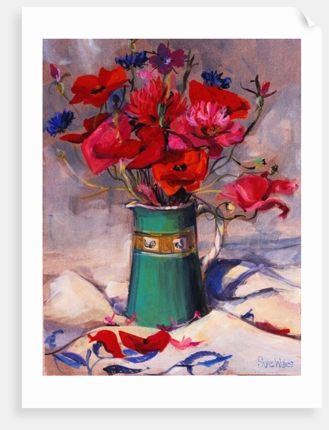 Poppies & cornflowers in green jug, 1994 by Sue Wales