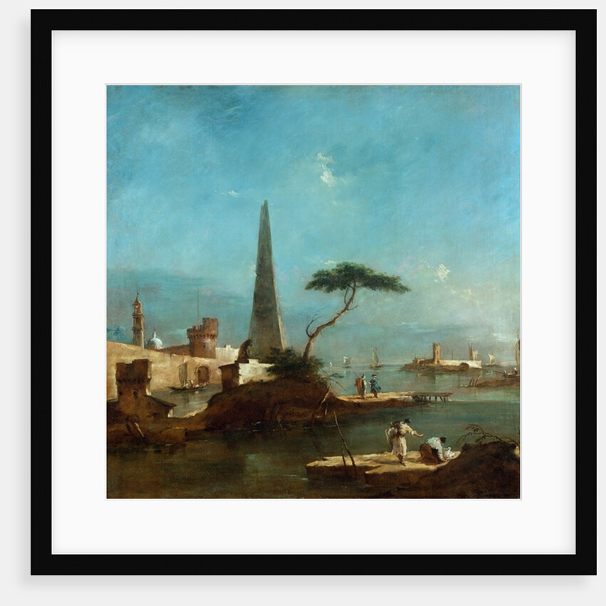 Obelisk beside the entrance to a walled harbour by Francesco Guardi
