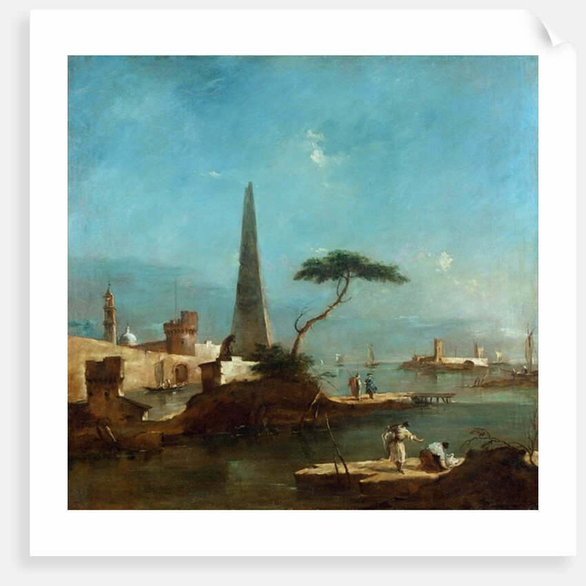 Obelisk beside the entrance to a walled harbour by Francesco Guardi