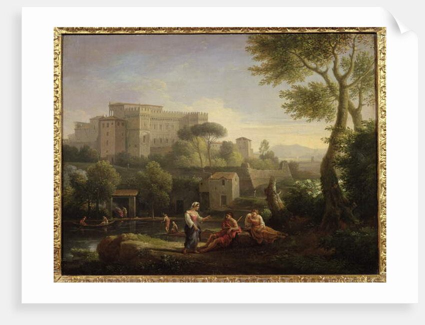 Landscape with figures and a fortress by a river by Jan Frans van Bloemen