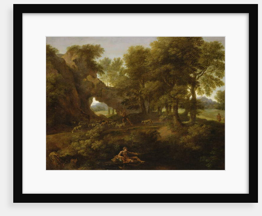 Landscape with a fisherman, a shepherd and other figures by Gaspard Poussin Dughet