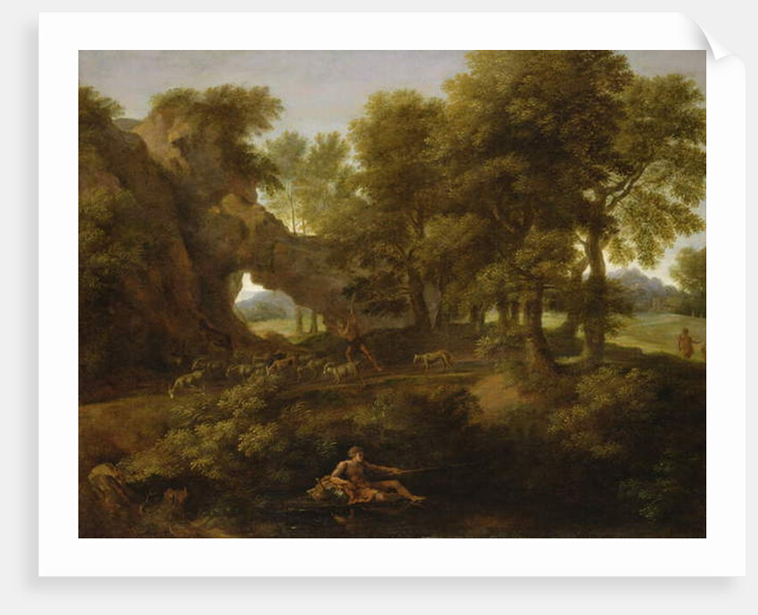 Landscape with a fisherman, a shepherd and other figures by Gaspard Poussin Dughet