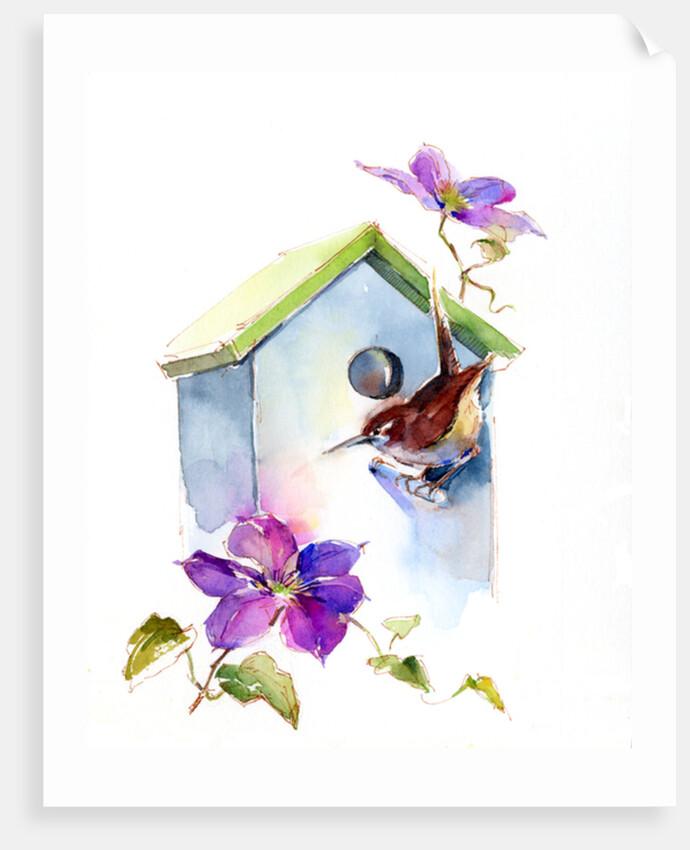 Wren with birdhouse and clematis, 2016 by John Keeling