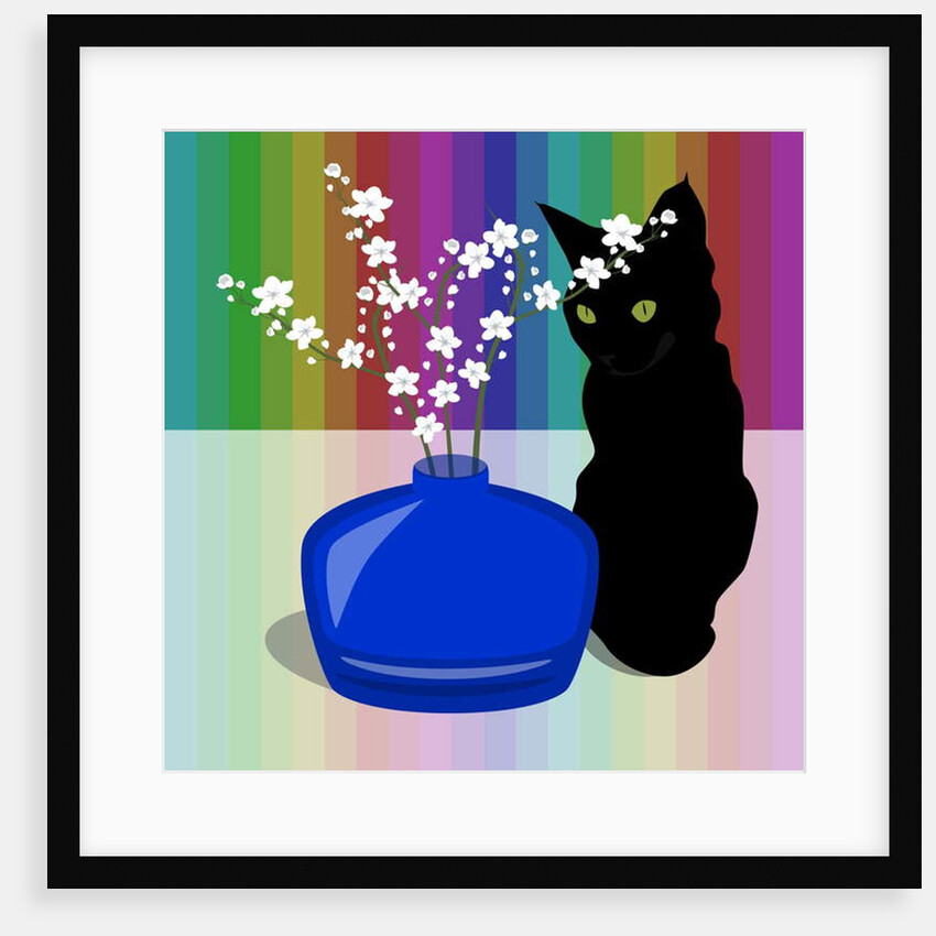 Blue Glass Vase with blossom and black cat, 2017 by Claire Huntley