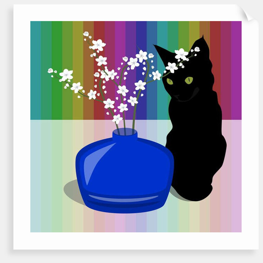 Blue Glass Vase with blossom and black cat, 2017 by Claire Huntley