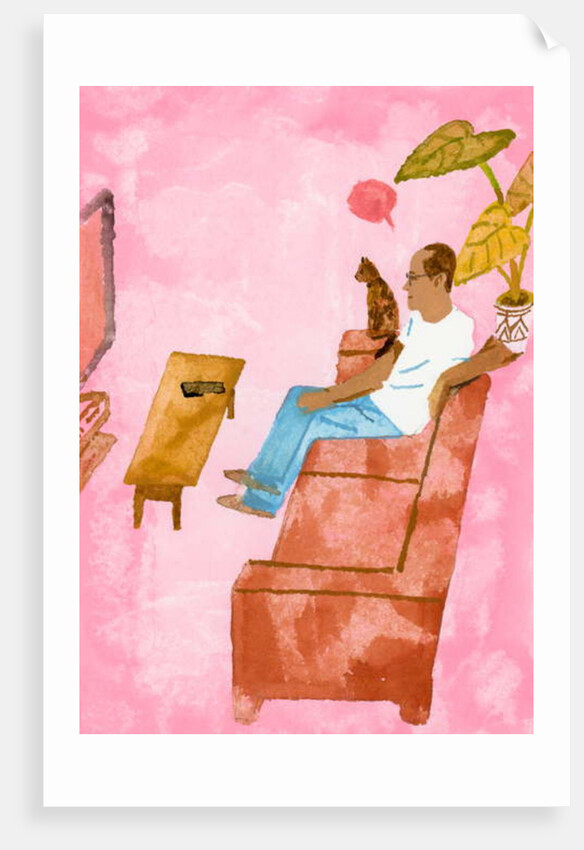 A man watching TV with a cat, 2016 by Hiroyuki Izutsu