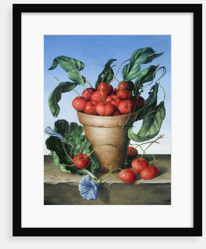 Cherries in terracotta with blue flower by Amelia Kleiser