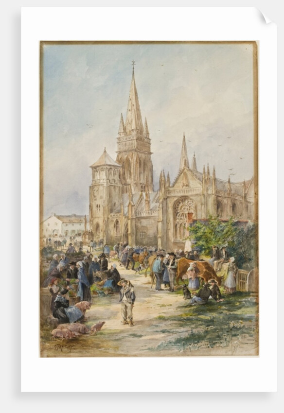 Market scene at Le Folgoet, Brittany by Gustave Fraipont
