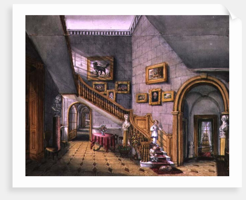 The Staircase, Strood Park, f26 from An Album of Interiors, 1843 by Charlotte Bosanquet