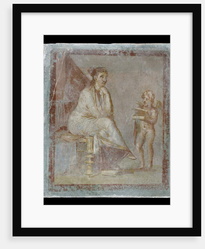 Framed vignette painted in fresco on a green wall: Cupid reveals the contents of a gilded box to a seated woman, 65-75 AD by Roman