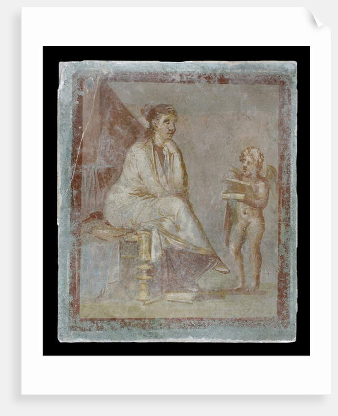 Framed vignette painted in fresco on a green wall: Cupid reveals the contents of a gilded box to a seated woman, 65-75 AD by Roman
