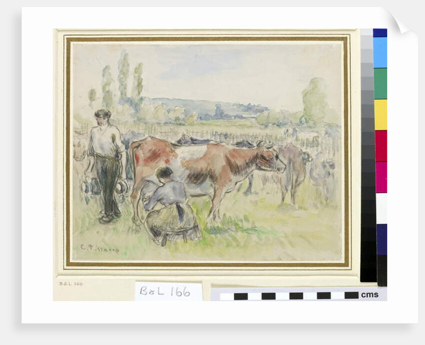 Compositional study of a milking scene at Eragny-sur-Epte by Camille Pissarro