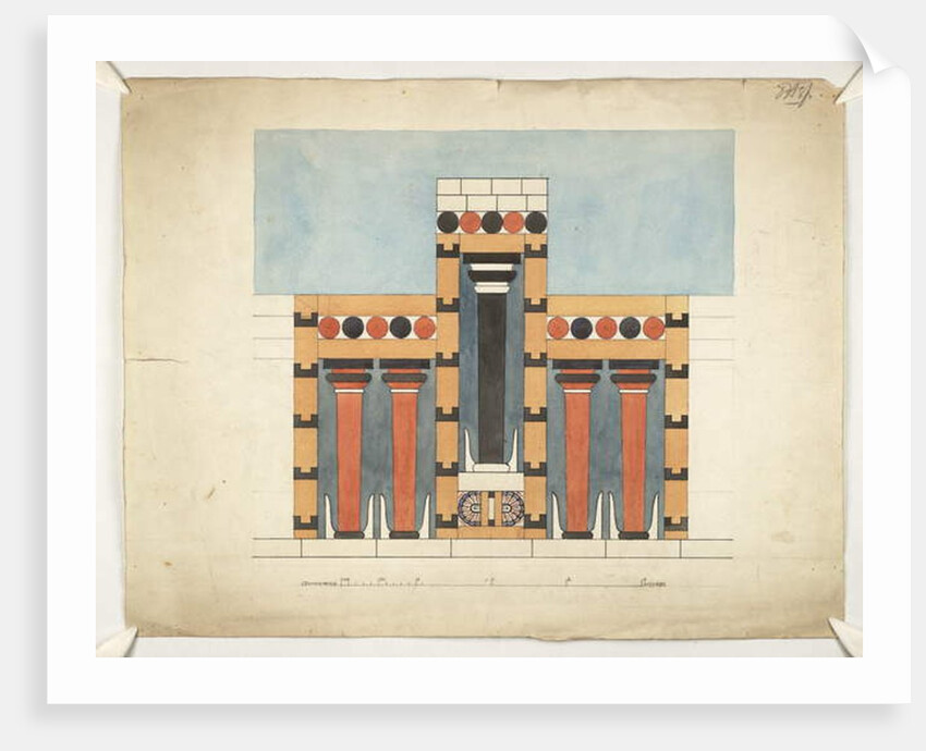 Painting re-imagining the Central Tri-partite Shrine in the Central Court of the Palace of Minos at Knossos, 1900-30 by Theodore Fyfe