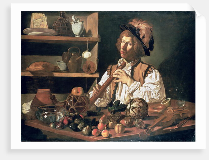 Interior with a Still Life and a Young Man Holding a Recorder, 17th century by Cecco del Caravaggio