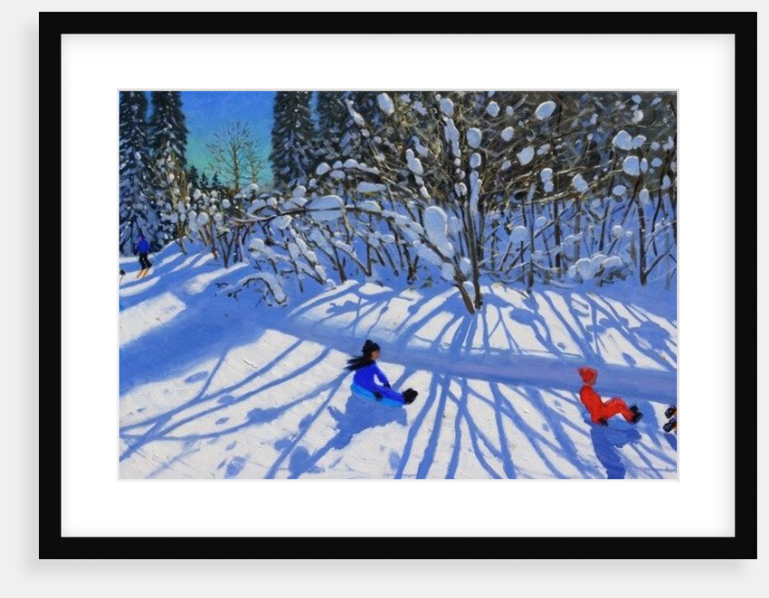 Sledging and skiing down the trail, Morzine, 2015 by Andrew Macara