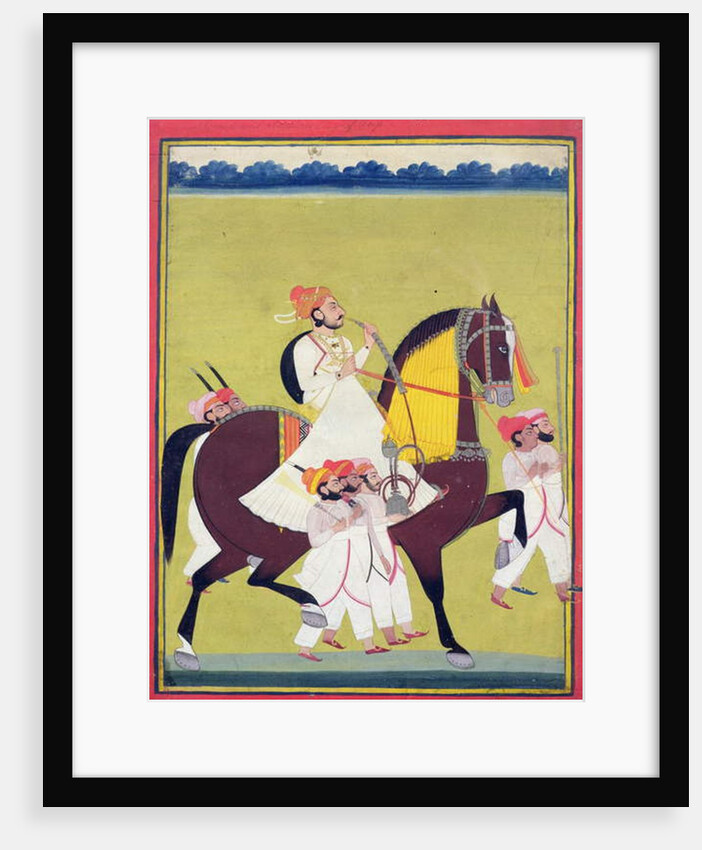 Portrait of Kumbhawat Kesari Singh of Asop, riding a horse, smoking a hookah and accompanied by attendants, Jodhpur, c.1810-20 by Indian School