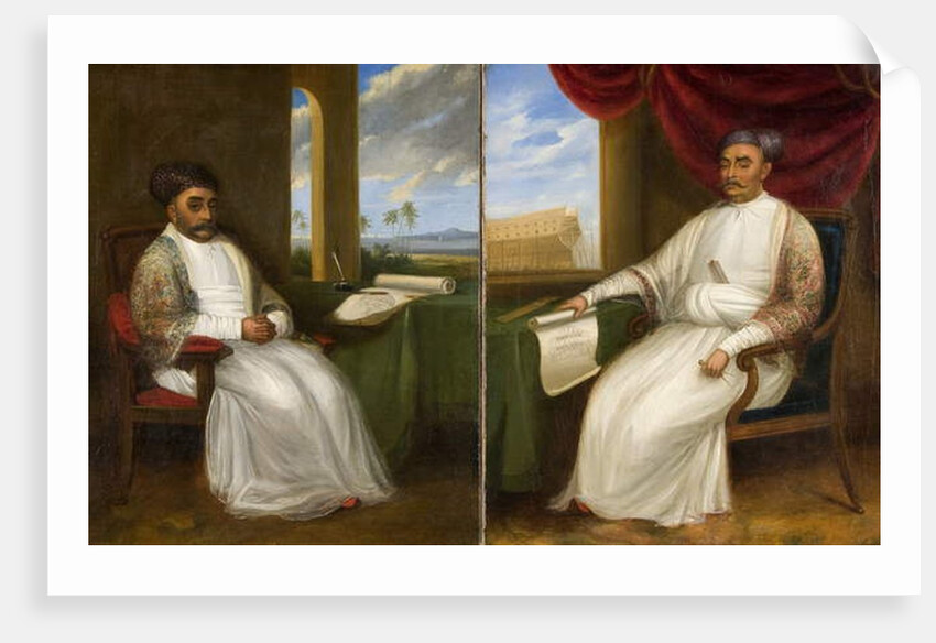 Full-length portrait of the Parsi Master-Shipbuilder Jamsetjee Bomanjee and his son, Nourojee Jamsetsee, 1830 by Indian School