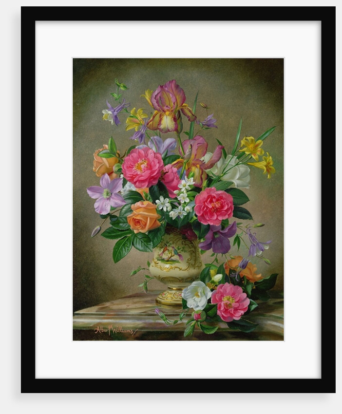 Peonies and irises in a ceramic vase by Albert Williams