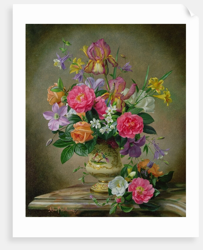 Peonies and irises in a ceramic vase by Albert Williams