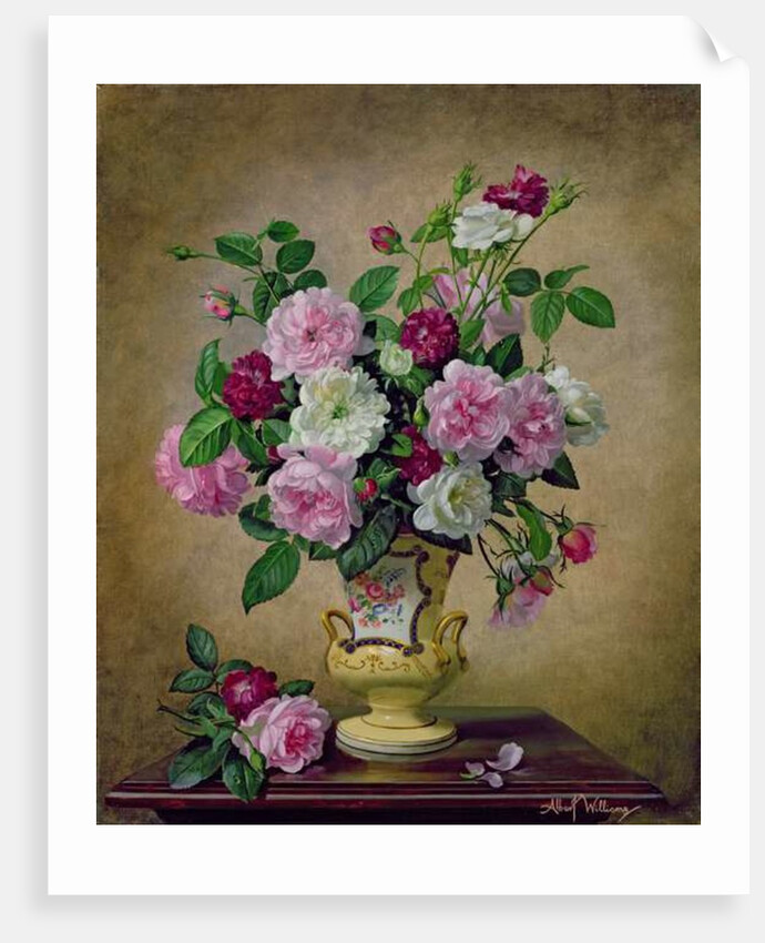 Roses and dahlias in a ceramic vase by Albert Williams