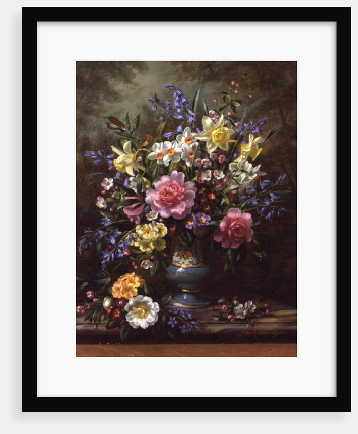 AB/200/2 Bluebells, daffodils, primroses and peonies in a blue vase by Albert Williams