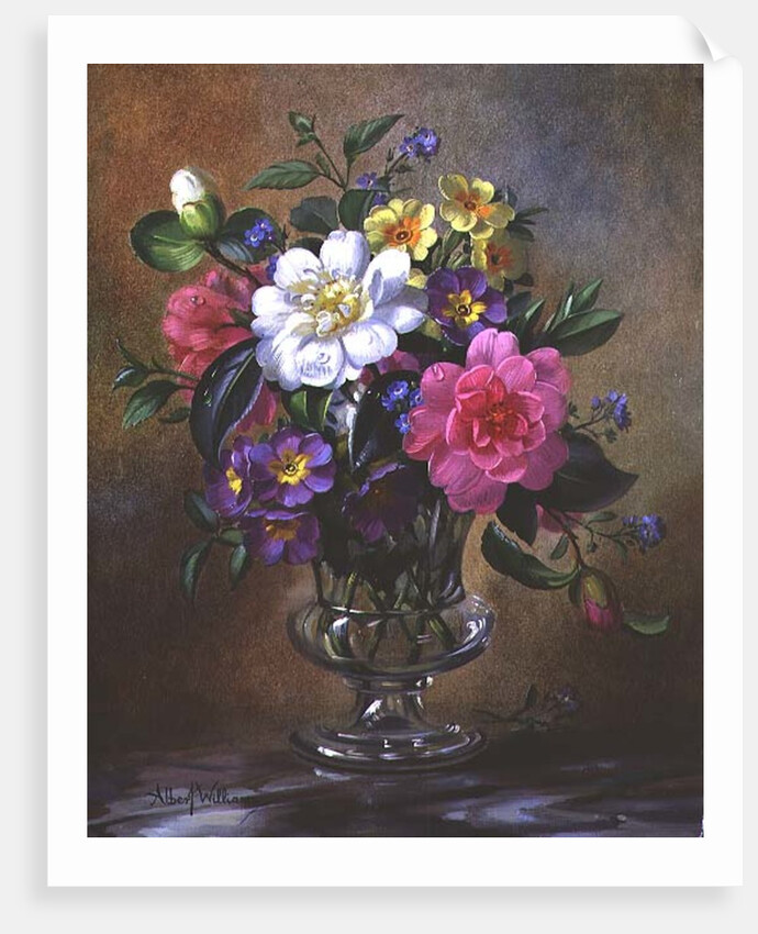 AB/217 Forget-me-nots and primulas in glass vase by Albert Williams