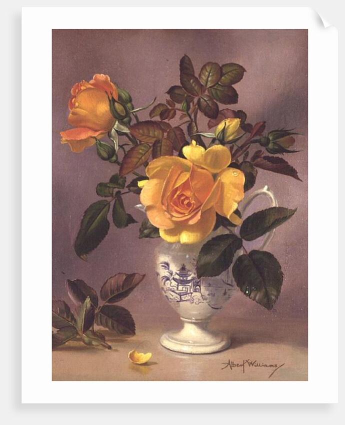 Orange Roses in a blue and white jug by Albert Williams