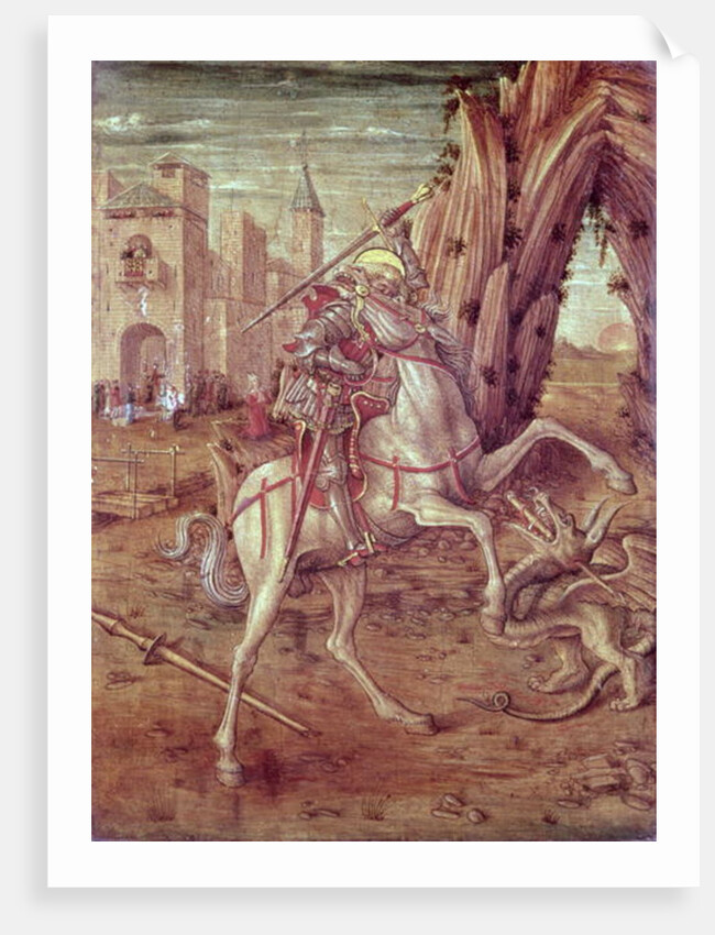 St. George and the Dragon, scene from the predella panel of the 'Madonna della Rondine' altarpiece, after 1490 by Carlo Crivelli