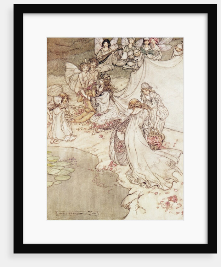 Illustration for a Fairy Tale, Fairy Queen Covering a Child with Blossom by Arthur Rackham