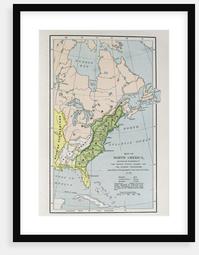Map of North America, showing the boundaries of the United States, Canada and the Spanish Possessions, according to the proposals of the Court of France in 1782 by English School