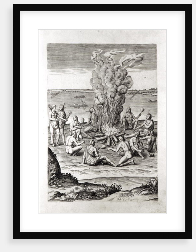 Indians praying around a fire, engraving from Hariot's 'A Briefe and True Report of...Virginia', 1590, engraved by Theodor de Bry by John White