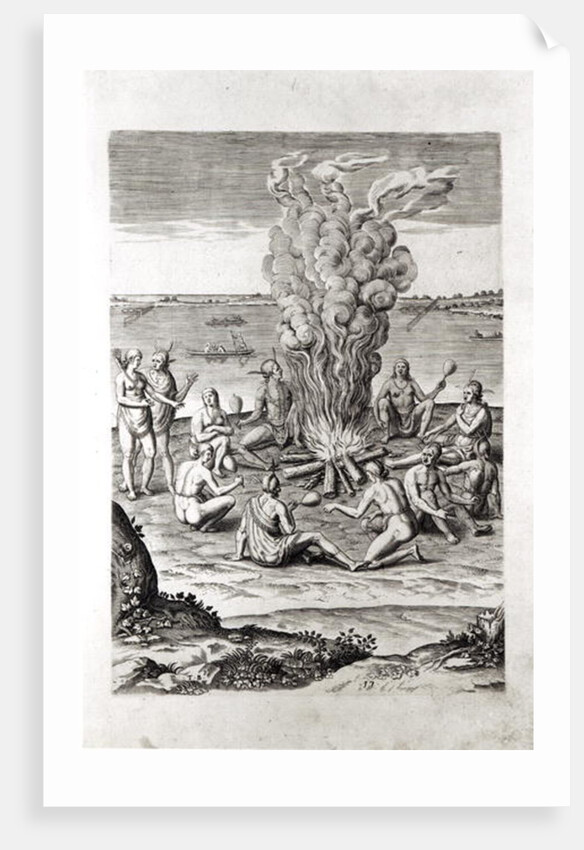 Indians praying around a fire, engraving from Hariot's 'A Briefe and True Report of...Virginia', 1590, engraved by Theodor de Bry by John White