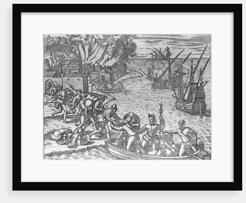 The French Fleet Plundering and Setting Fire to the Town of Chioreram, engraved by Theodore de Bry by German School