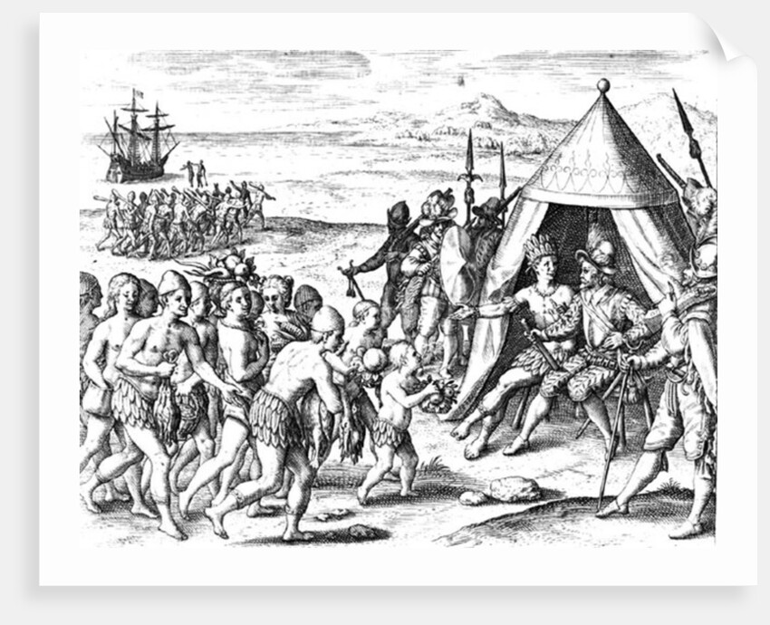 Sir Walter Raleigh trying to establish friendship with King Arromaia of Guiana by Jacques (d.1587/88) (after) Le Moyne