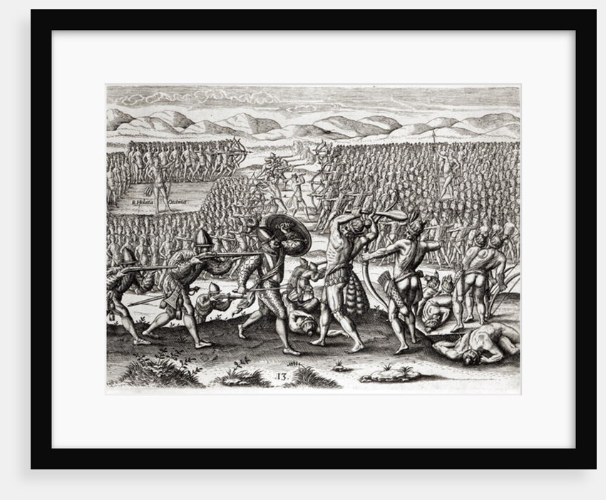 Outina defeats Patanou with the aid of the French, Florida, 1564 by Jacques (d.1587/88) (after) Le Moyne