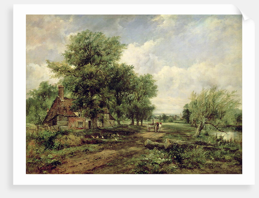 Wooded river landscape with a cottage and a horse drawn cart by Frederick Waters Watts