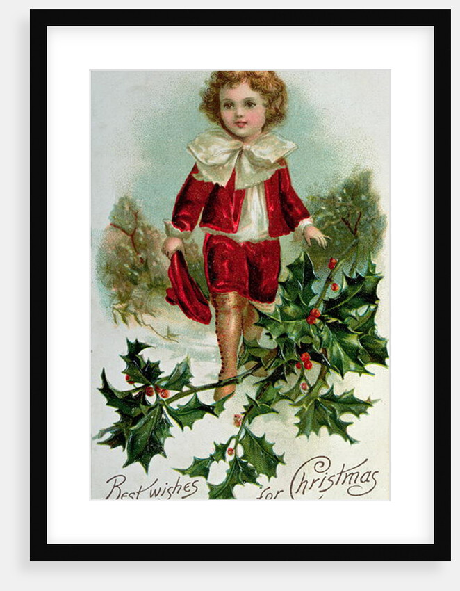 Victorian Christmas postcard depicting a boy in red in the snow by English School