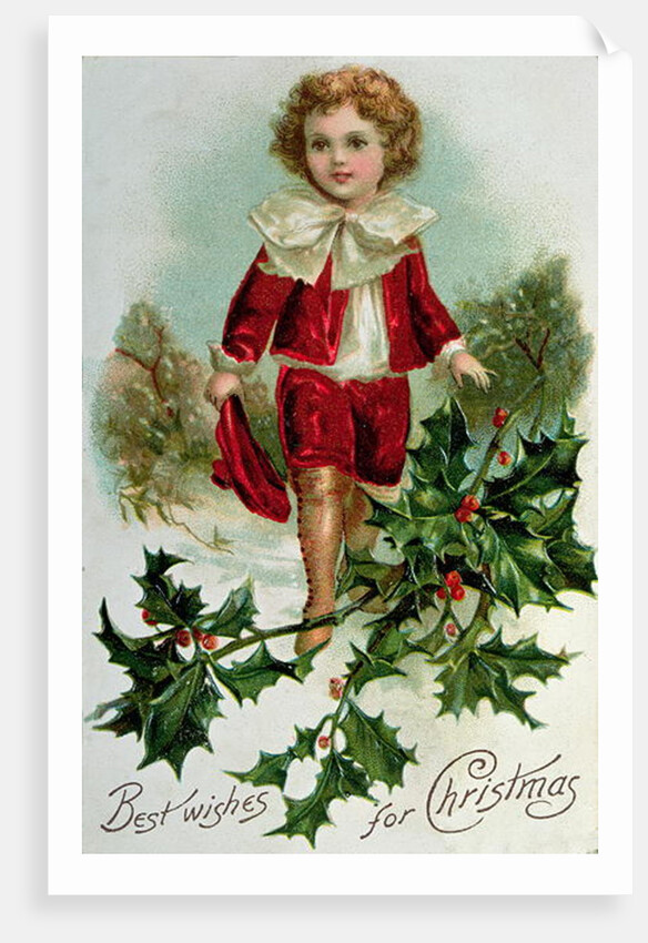 Victorian Christmas postcard depicting a boy in red in the snow by English School