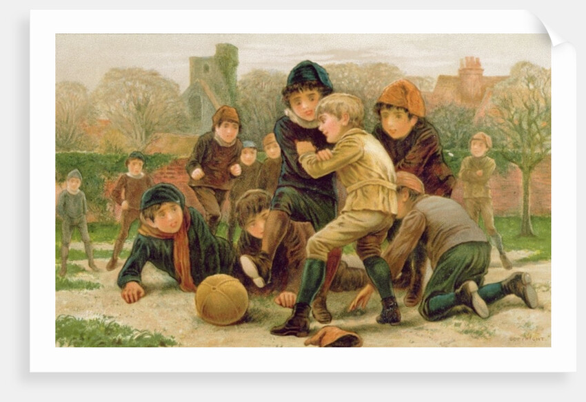 Football on a Village Green, Victorian Christmas postcard by Anonymous