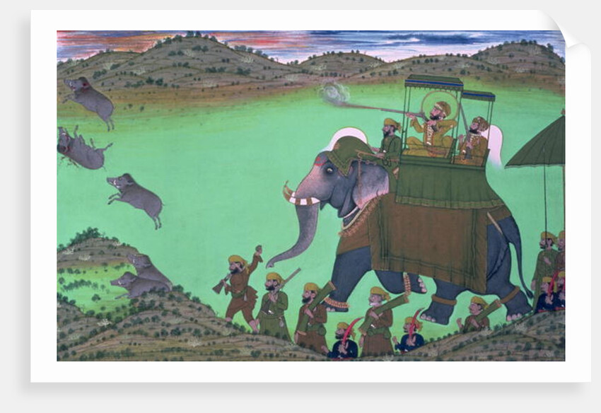 Maharana Sarup Singh of Udaipur shooting boar from elephant-back, Rajasthan, 1855 by Indian School