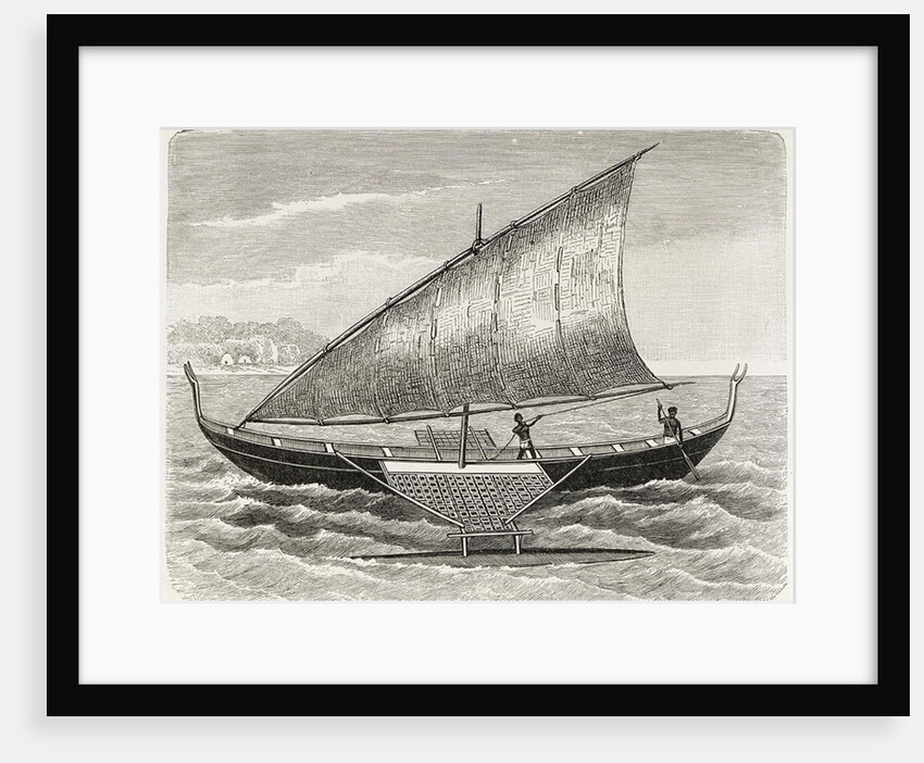 Boat of the Mortlock Islands, with outrigger and sail of rush-matting by English School