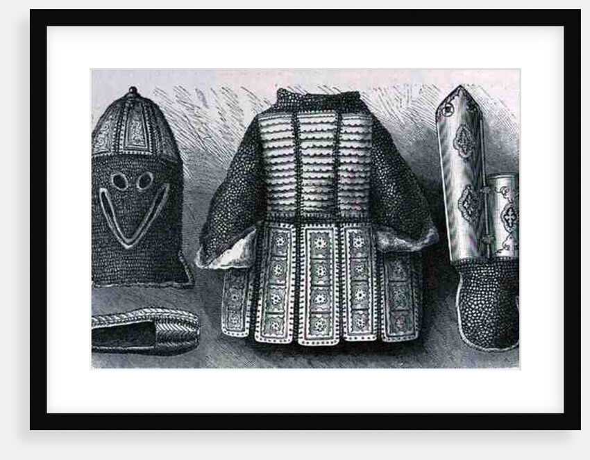 Indian panoply consisting of helmet, tunic, gauntlets and shoes from Bhuj by English School
