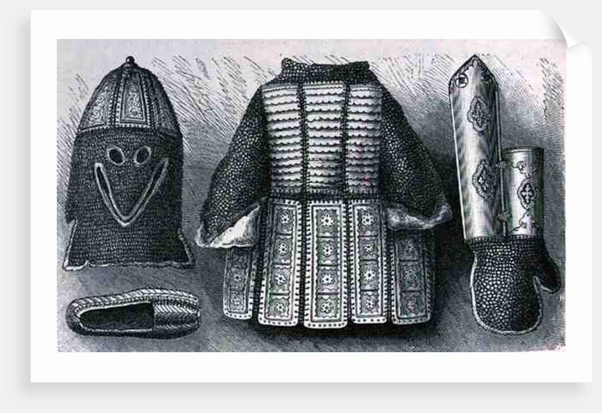 Indian panoply consisting of helmet, tunic, gauntlets and shoes from Bhuj by English School