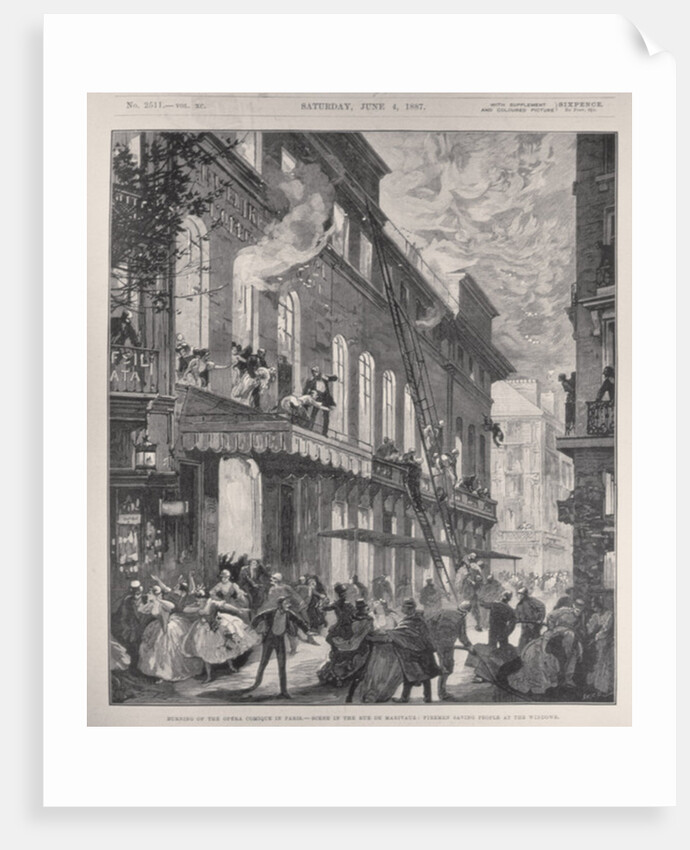 Burning of the Opera Comique in Paris, Scene in the Rue de Marivaux: Firemen Saving People at the Windows by English School