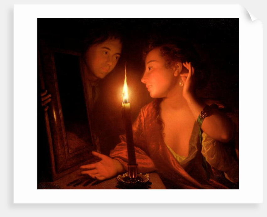 A Lady Admiring An Earring by Candlelight by Godfried Schalcken