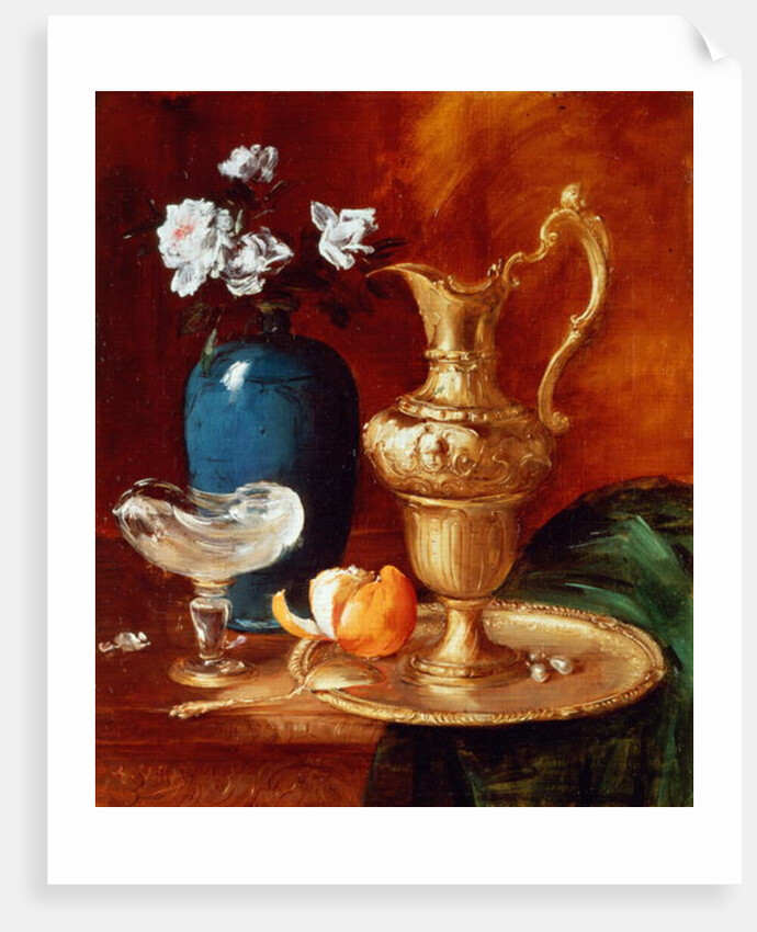 Still life of a gilt ewer, vase of flowers and a facon de Venise bowl by Antoine Vollon