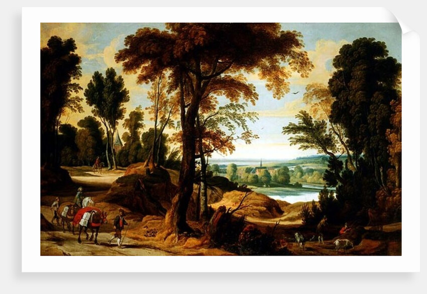 A wooded river landscape with figures on a road by Jan Wildens