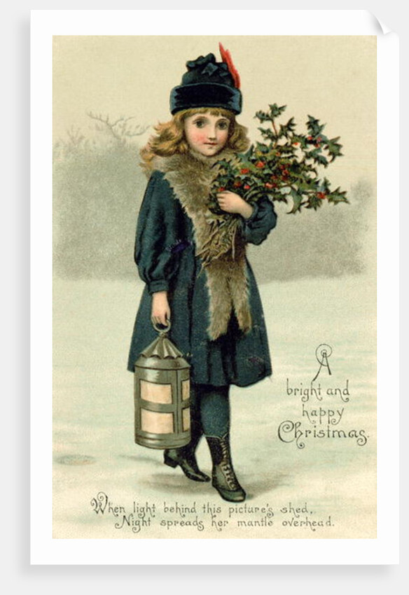 Young girl with Holly and Lantern, postcard, early 20th century by English School